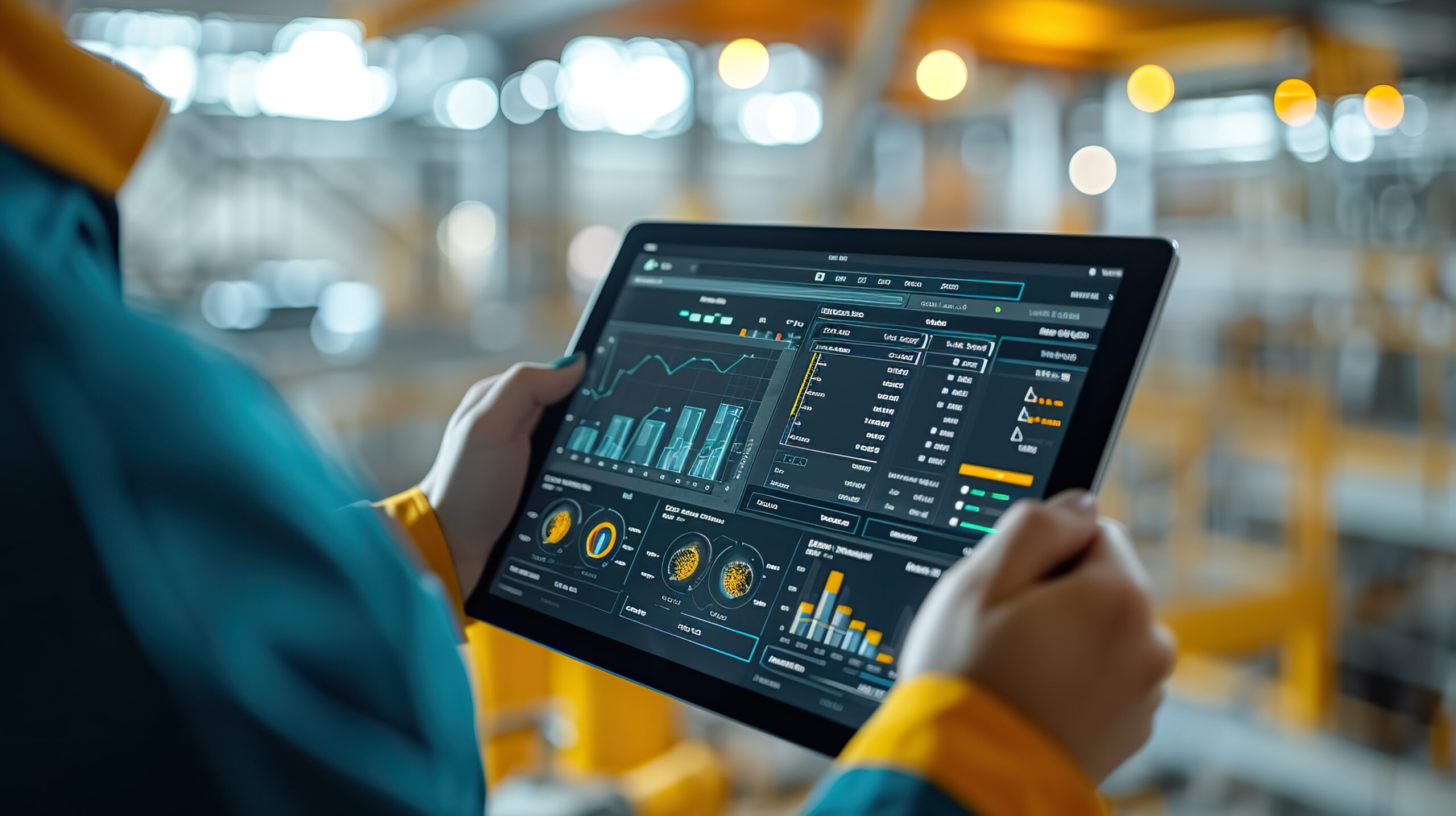 Engenheiro analisando dados de performance em tablet na operação industrial